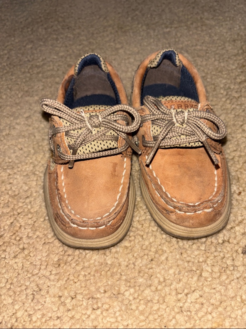 Sperry Kids Tan Suede Moccasin Boat Shoes with Navy Lining